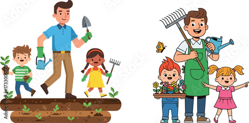Cartoon illustration of father and children gardening together, family outdoor activity with kids planting flowers, watering plants, teamwork, nature, education