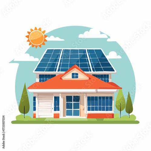 A modern home with solar panels and a home battery, showcasing sustainable energy. Clean, flat design illustration. Ideal for energy, green living, and technology concepts.
