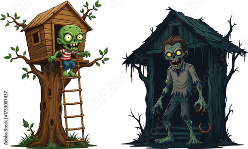 Cartoon zombie in treehouse and scary undead monster in haunted shack, creepy horror illustration, spooky Halloween design, funny evil artwork