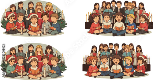 Christmas choir singing, children and adults with candles, festive carol group, holiday music performance, seasonal illustration, traditional Christmas celebration scene