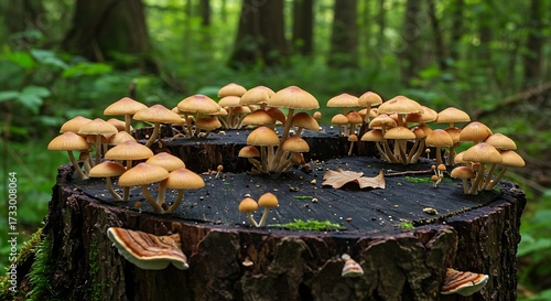 Mushrooms growing on tree stump in forest sunlight natural ecosystem