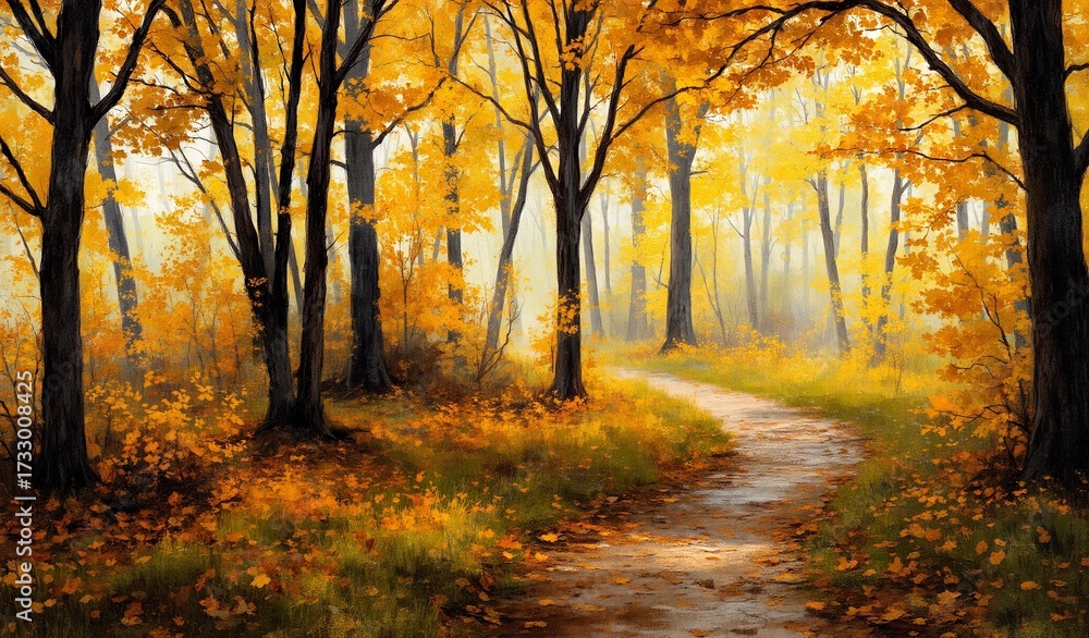 Fototapeta premium A serene autumnal forest scene with a winding path under golden canopy and fallen leaves. The vibrant yellow trees glow softly.