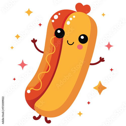 cute kawaii hot dog with happy face and sparkling .eps