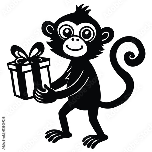cute monkey holding gift box cartoon clipart on wh.eps