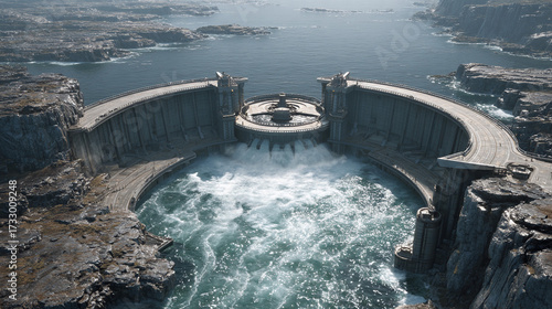 Powerful waves crash against a magnificent dam by the coast