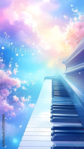 A vibrant, pastel-colored image of a piano keys with a dreamlike sky above