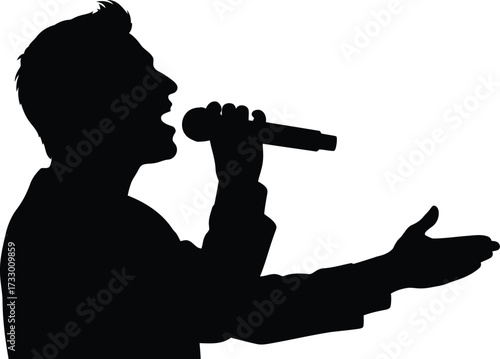Dynamic silhouette of a male singer performing live with microphone and extended hand artistic vector graphic vector