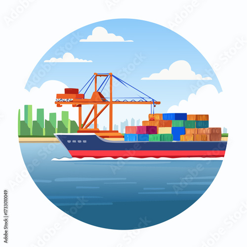 Illustration of a shipping port with cargo containers being loaded onto a vessel by a crane under clear skies.