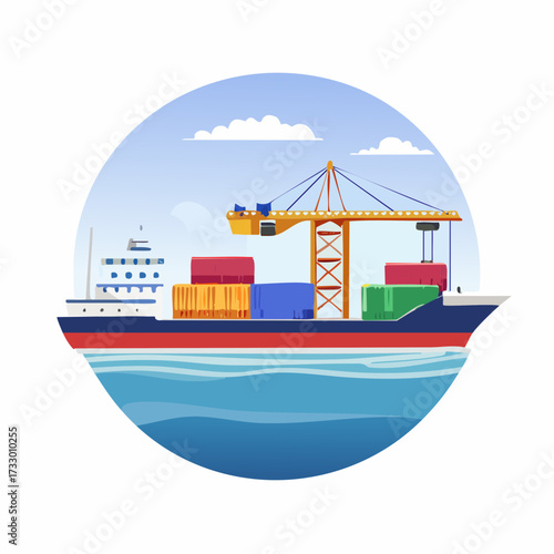 Illustration of a shipping port with cargo containers being loaded onto a vessel by a crane under clear skies.