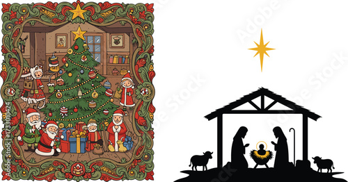 Christmas tree with Santa and elves, nativity scene with baby Jesus, festive holiday celebration, Christian tradition, seasonal winter decoration illustration