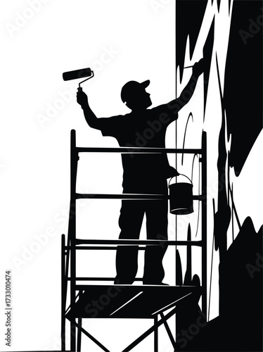 Silhouette painter on scaffolding rolling wall high up with paint roller tool busy vector