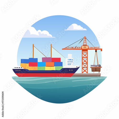 Illustration of a shipping port with cargo containers being loaded onto a vessel by a crane under clear skies.