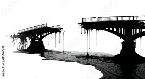 Abstract representation of broken bridges with dripping paint creating a dark mood