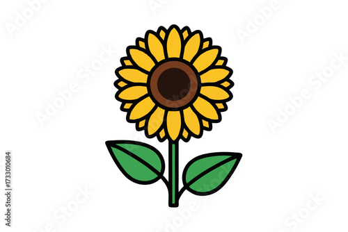 A simple, stylized illustration of a bright yellow sunflower with a dark brown center, green stem, and two green leaves.