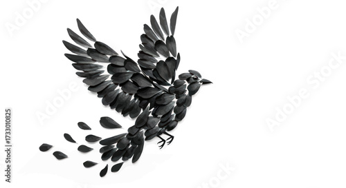 Artistic representation of a bird in flight composed of dark delicate petals symbolizing freedom