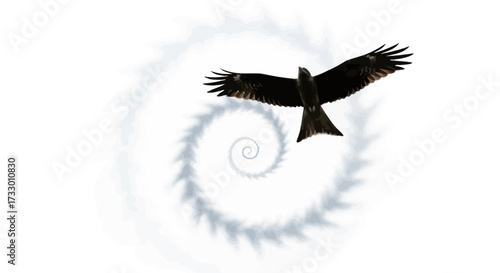 Bird soars with wings spread against a spiral background, creating a dynamic motion visual