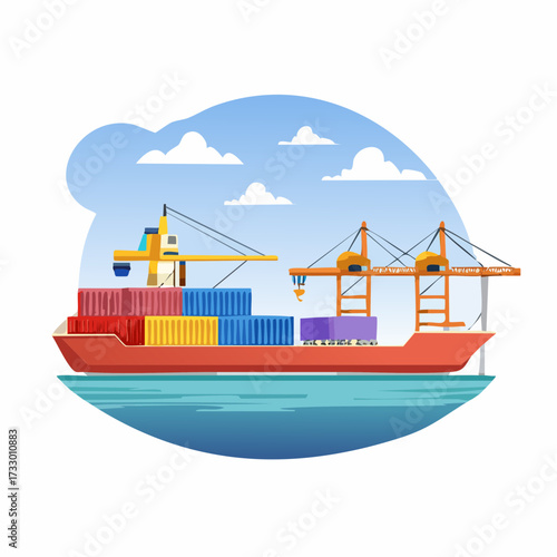 Illustration of a shipping port with cargo containers being loaded onto a vessel by a crane under clear skies.