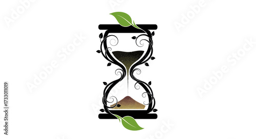 Conceptual hourglass intertwining organic growth with the passage of time illustration