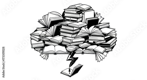 Conceptual illustration representing a cloud of knowledge with books and writing imagery