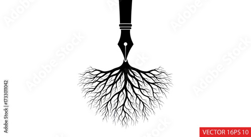 Conceptual illustration showing a fountain pen transformed into the roots of a tree
