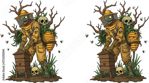Creepy zombie beekeeper illustration, undead character with bees and hive, horror skull design, spooky apocalypse artwork, scary cartoon Halloween vector