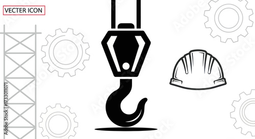 Construction Site Safety and Industrial Equipment Iconography Set Depicting Crane Hook and Gears