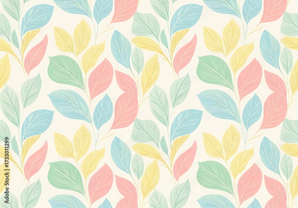 Fototapeta premium Gentle pastel botanical harmony: A colorful leaf pattern evoking springtime tranquility and fresh, natural aesthetics