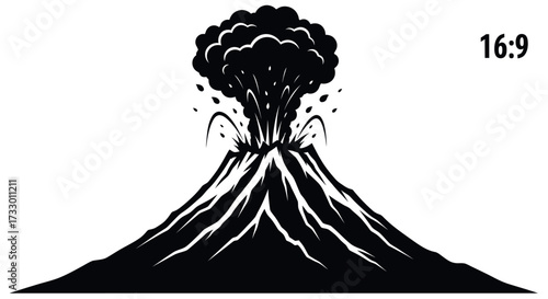 Dramatic monochrome volcano eruption illustration with textured lava flow design