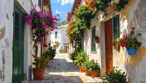 Fototapeta Naklejka Na Ścianę i Meble -  Quaint, sun-drenched alleyway filled with vibrant flowers