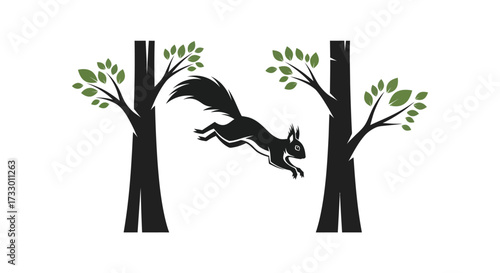 Dynamic silhouette of a squirrel mid-leap between stylized trees creating a woodland scene