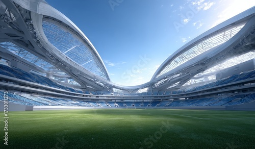 A modern large stadium with futuristic curved structures and a well-maintained green field under a clear blue sky.