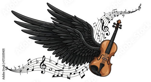 Enigmatic composition featuring a winged violin amidst flowing musical notations