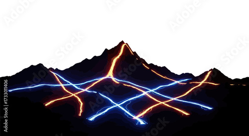 Energetic mountainscape with dynamic lightning trails and volcanic glow surreal scenery