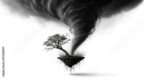 Ethereal monochrome depiction of resilience a lone tree facing a tempestuous tornado