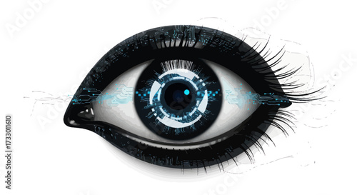 Futuristic human eye with advanced technology interface representing enhanced vision augmentation