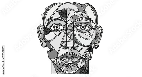 Geometric fruit face illustration in grayscale evoking a sense of modern artistic expression