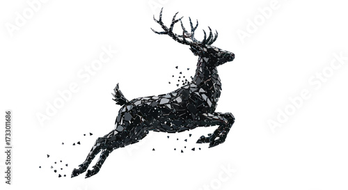 Geometric deer in mid-leap, constructed from reflective shattered fragments against stark white