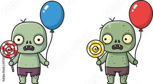 Cute cartoon zombie holding balloon and lollipop, funny undead character, adorable halloween artwork, spooky kids party design, playful horror illustration, scary