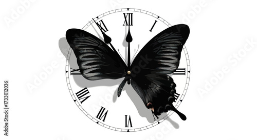Metamorphosis of time: A clock face adorned with a black butterfly symbolizing fleeting moments