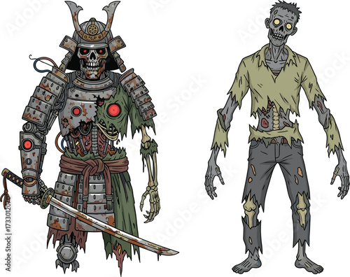 Cyborg samurai zombie warrior illustration, undead skeleton fighter art, futuristic horror monster design, post apocalyptic robot samurai, scary Halloween character artwork