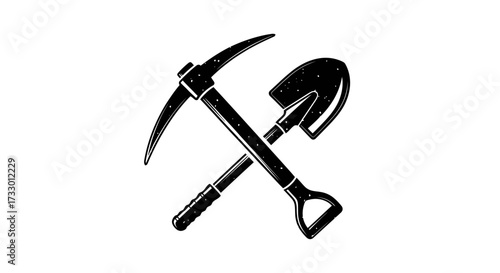Monochrome engraving style illustration showcases crossed pickaxe and shovel emblem