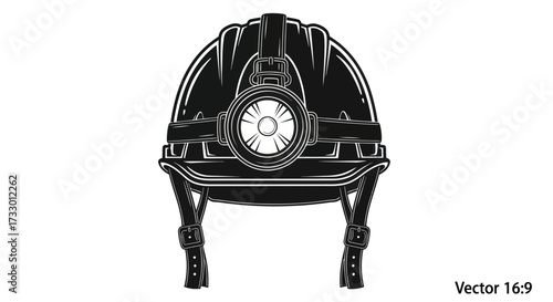 Monochrome illustration showcasing an industrial safety helmet with a built in headlamp and