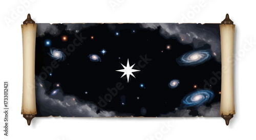 Mystical Cosmic Scroll Depicting Galaxies and Celestial Wonders on Aged Parchment