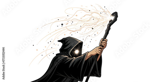Mystical figure casting spells with a magical staff against a stark white backdrop