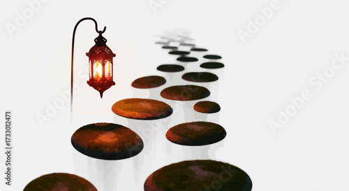 Mystical path illuminated by lantern light invites viewers on a serene journey of wonder