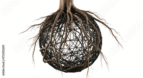 Rooted sphere: a surreal fusion of nature's strength and abstract geometric structure