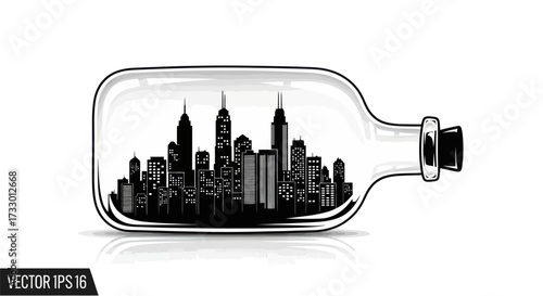 Silhouette of a cityscape inside a clear glass bottle creating a unique urban landscape illustration