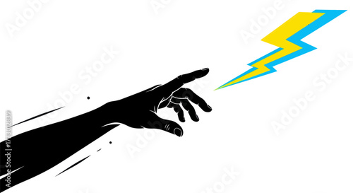 Stylized artwork depicting a hand reaching for a lightning bolt representing inspiration