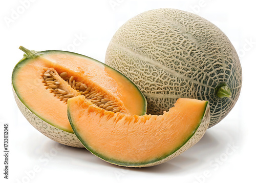 Fresh cantaloupe melon whole, halved and sliced on white background
