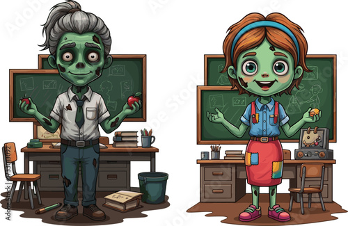 Funny cartoon zombie teacher and cute zombie schoolgirl character in classroom, horror education concept, spooky Halloween illustration, undead comic artwork